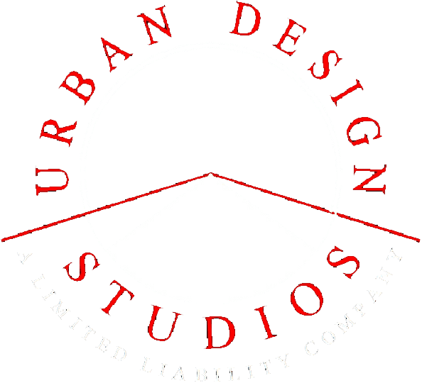 Logo of urban design studios, featuring text in a circular red arrangement and a minimalist building outline.